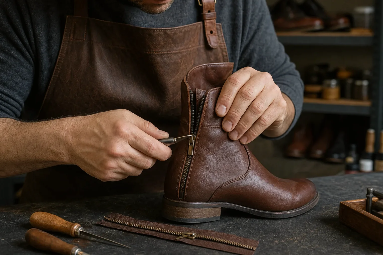Sapateiro realizando conserto de zíper de bota.